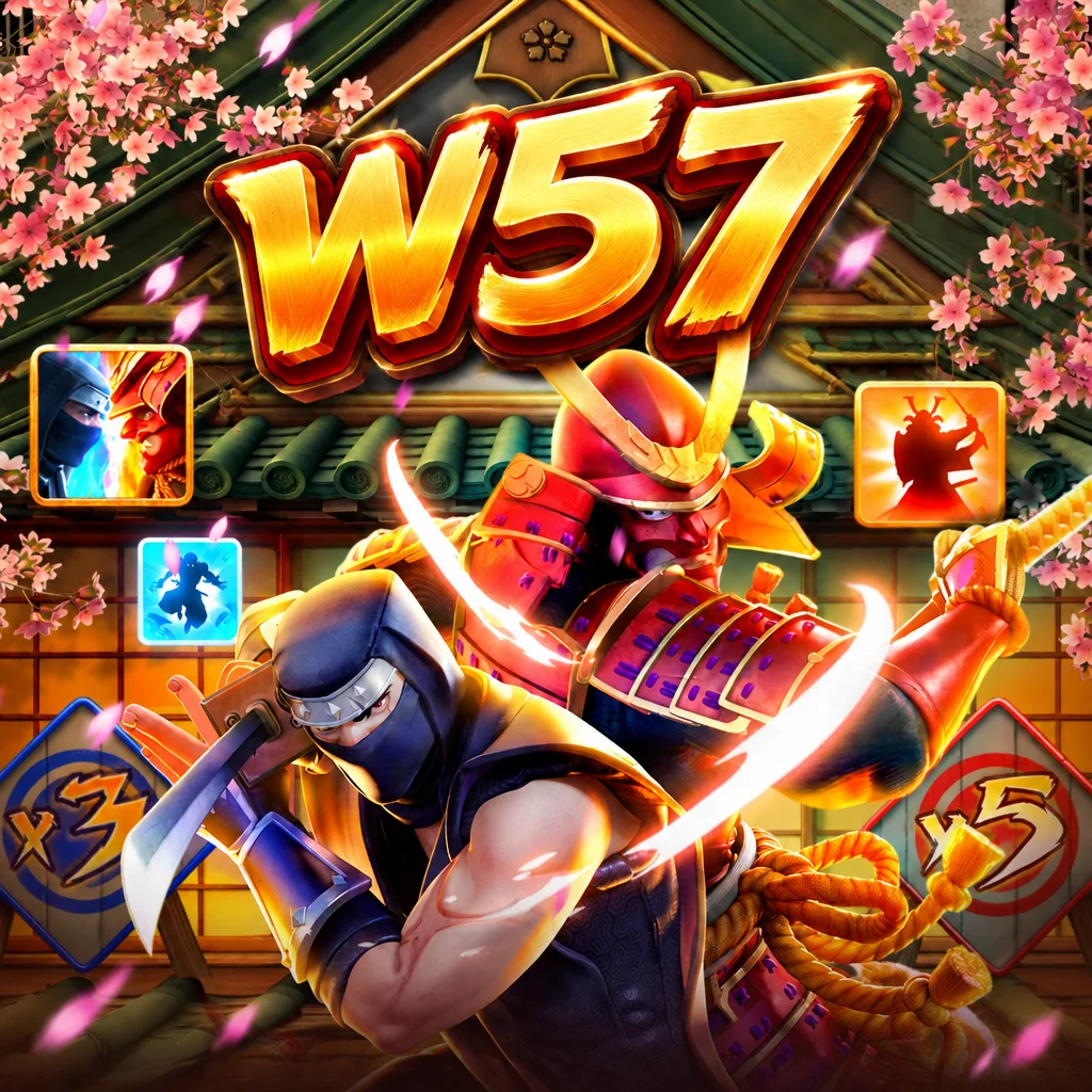 Logo w57 dengan pertarungan karakter ninja dan samurai berlatar kuil Jepang kuno