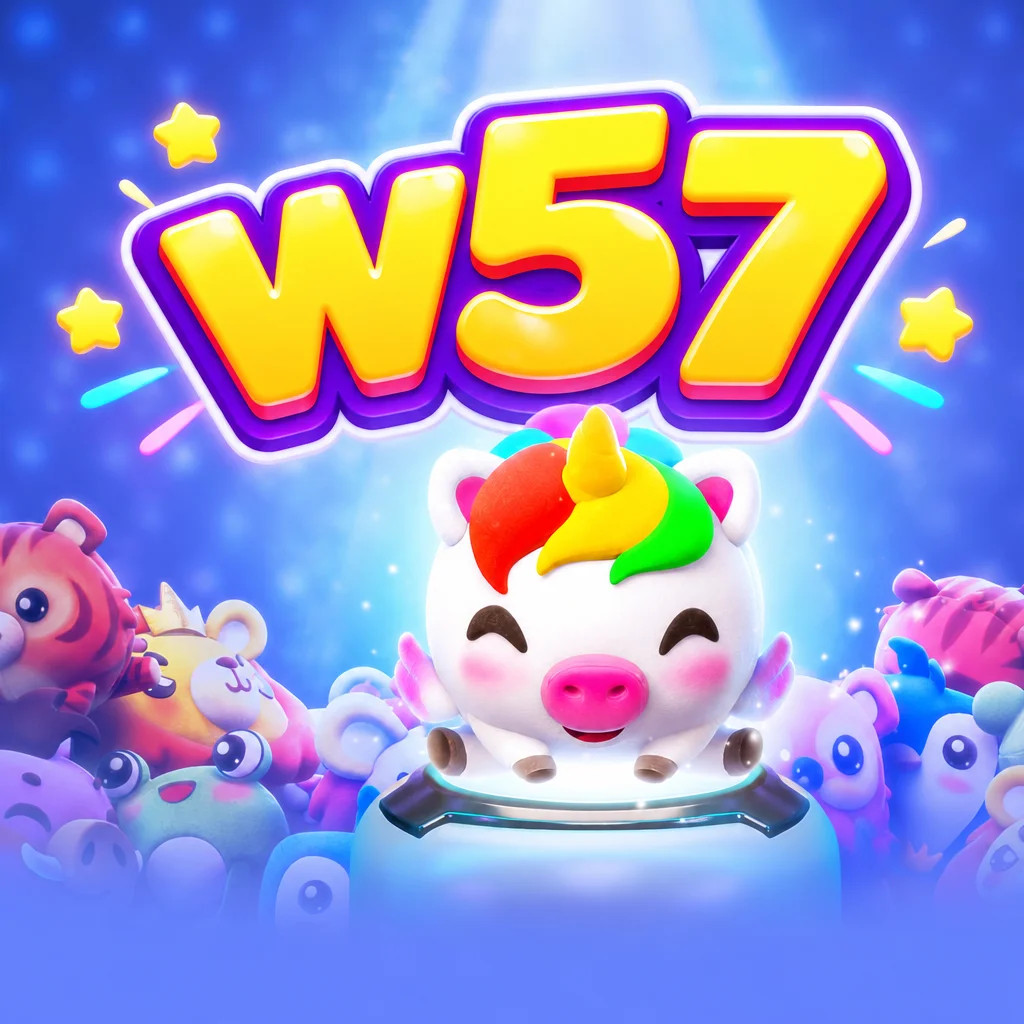 Logo w57 dengan boneka unicorn lucu dikelilingi berbagai boneka hewan warna-warni