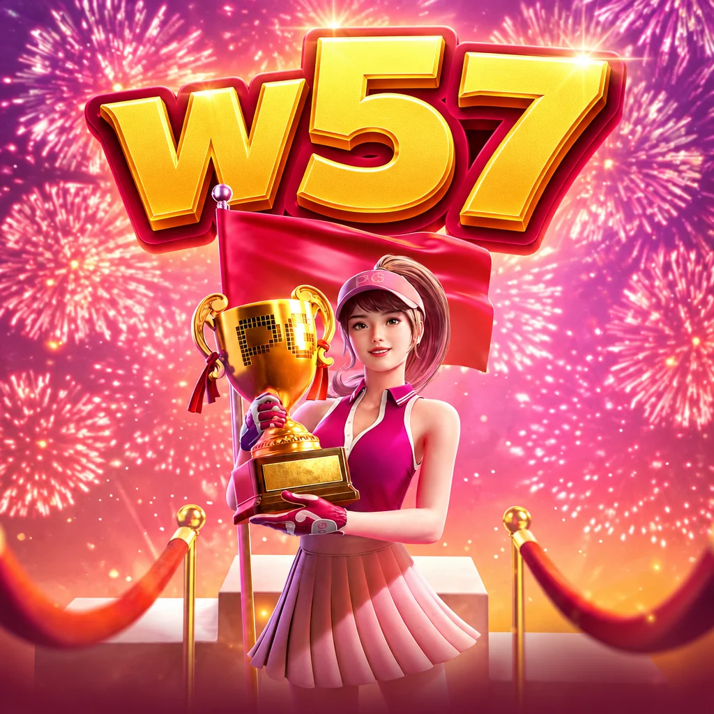 Logo w57 dengan atlet golf wanita memegang trofi berlatar belakang kembang api merah